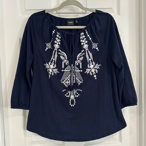 Rafaella Embroidered Knit Peasant Blue 3/4 Sleeve Scoop Neck Top Blouse Women L